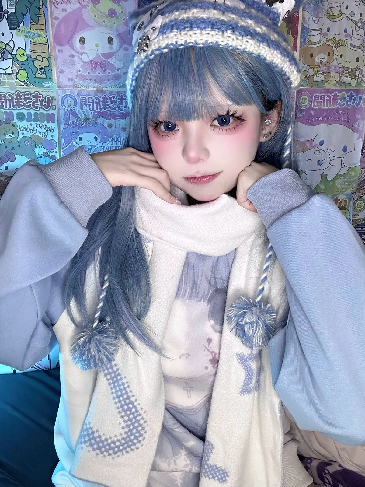 Jirai Kei Bicolor Scarf Printed Knitted Long Scarf