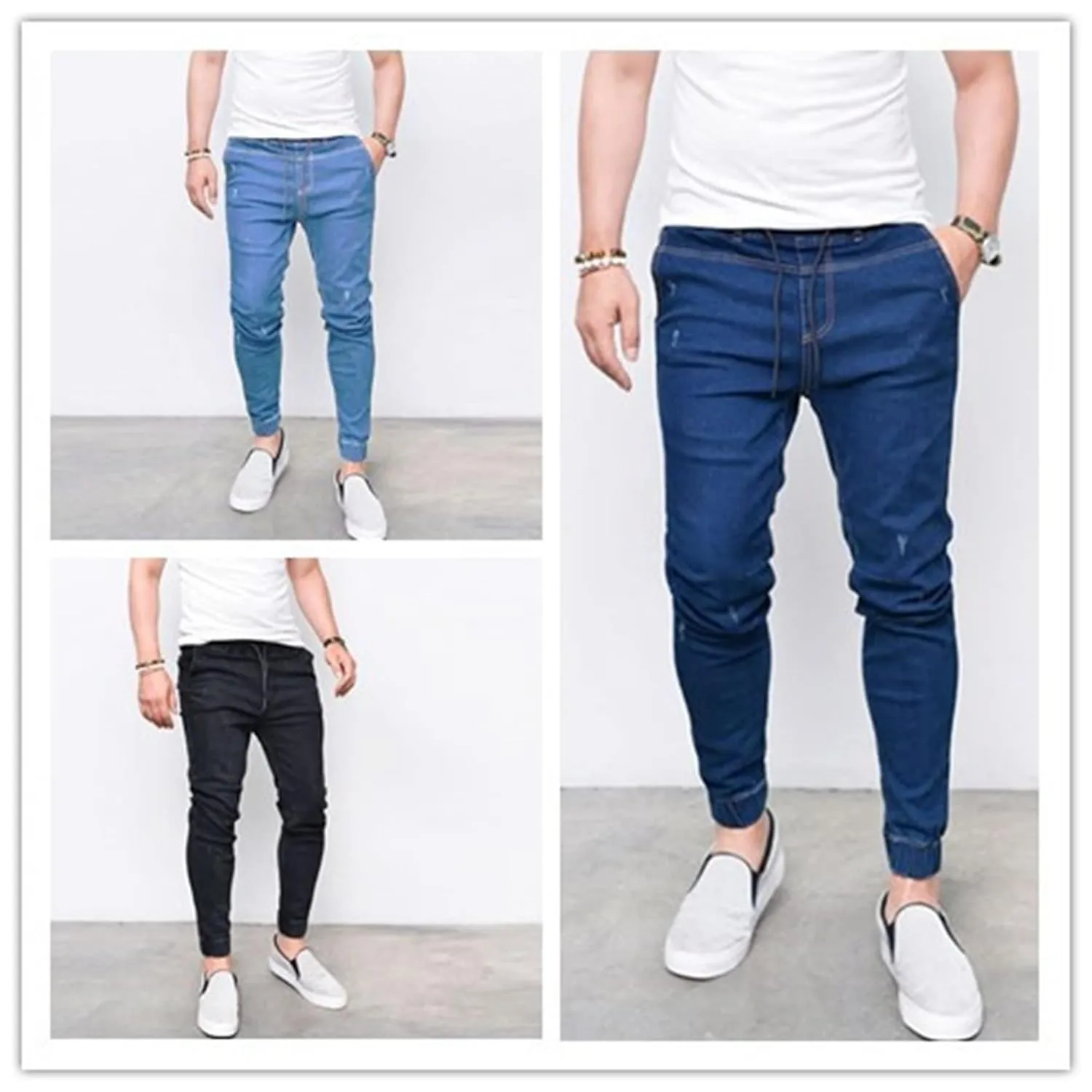 KELYWELL Men's Cargo Mid-Rise Denim Jogger Tapered Skinny Fit Stretch Jeans for Men Drawstring Ankle Denim Pants (X-Large,Light Blue)