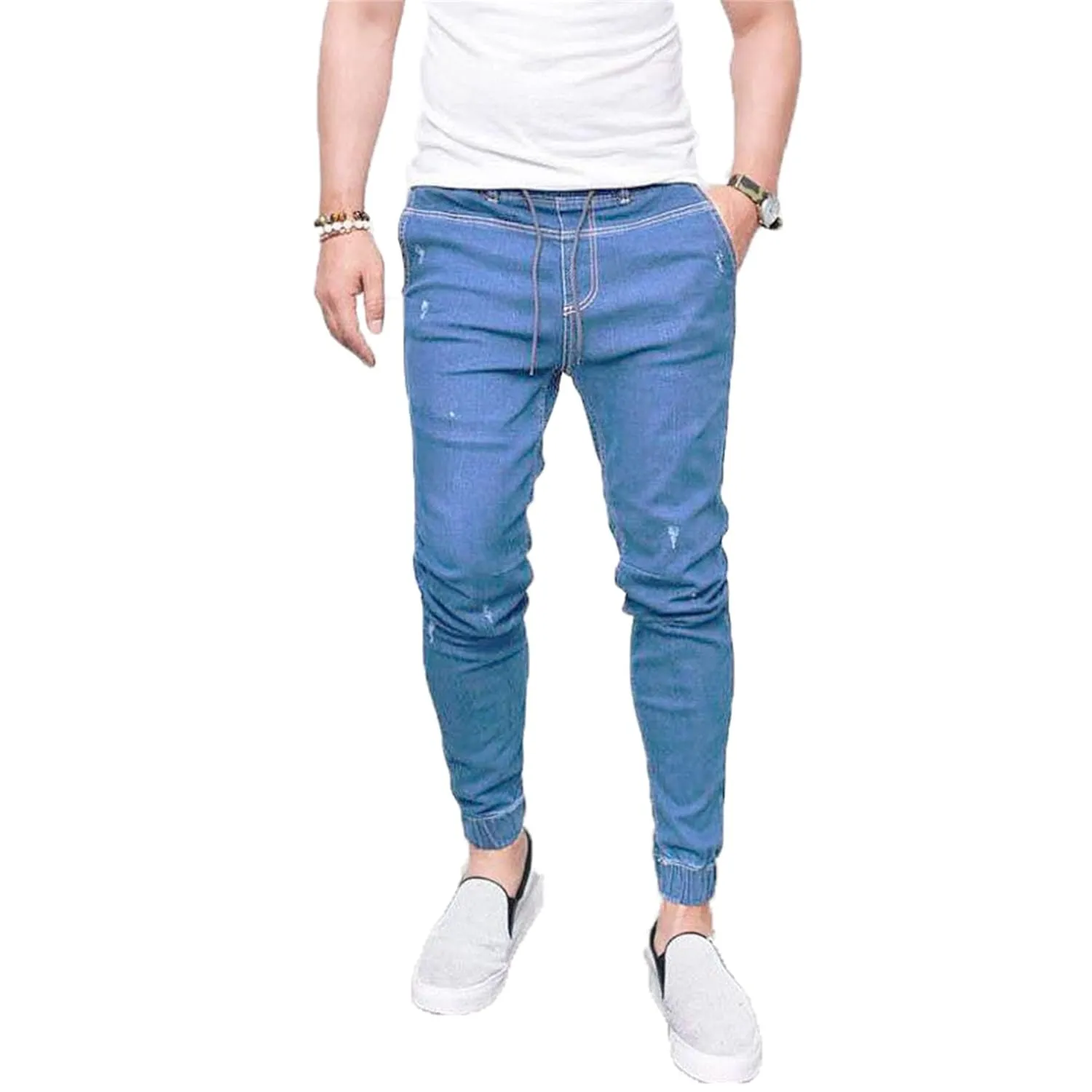 KELYWELL Men's Cargo Mid-Rise Denim Jogger Tapered Skinny Fit Stretch Jeans for Men Drawstring Ankle Denim Pants (X-Large,Light Blue)