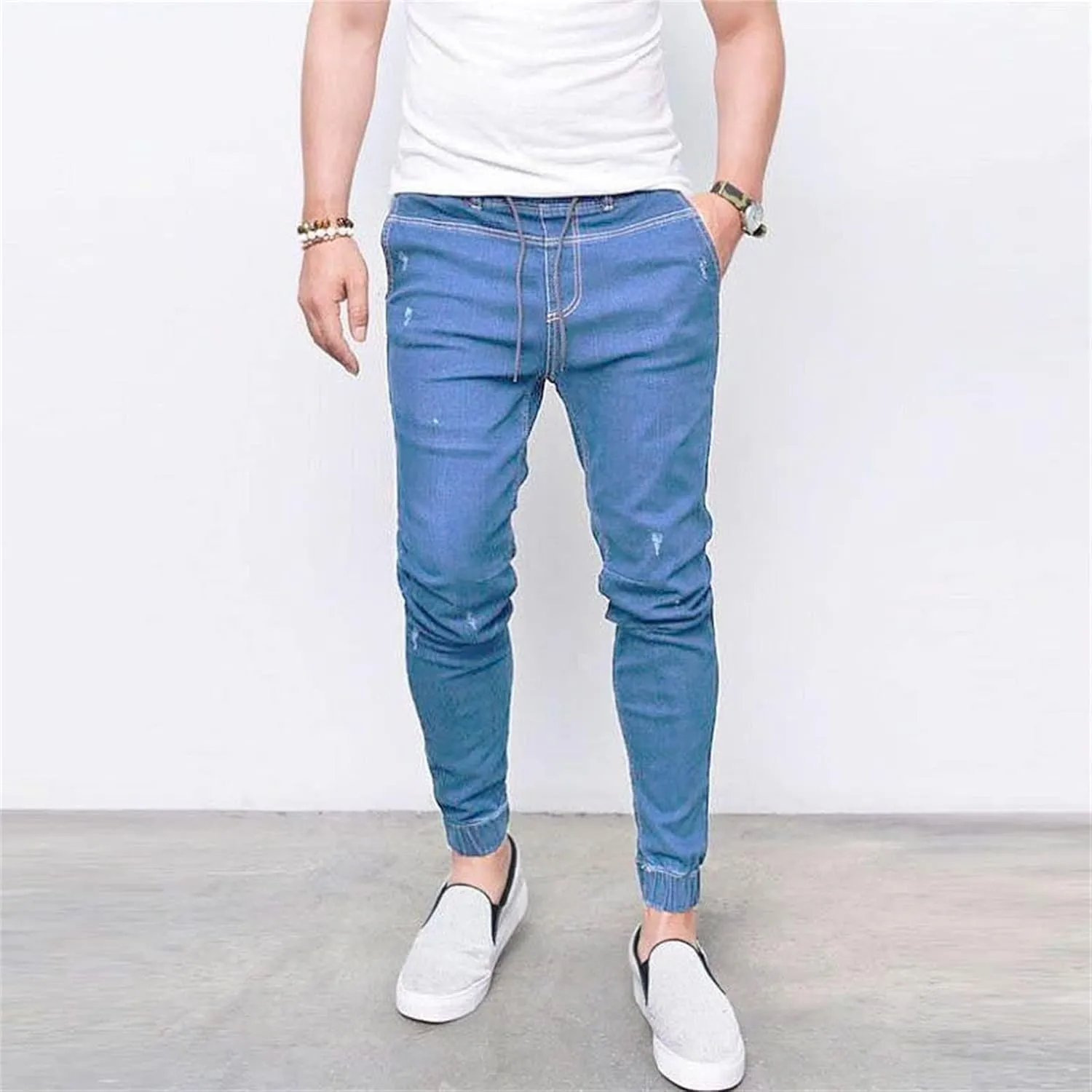 KELYWELL Men's Cargo Mid-Rise Denim Jogger Tapered Skinny Fit Stretch Jeans for Men Drawstring Ankle Denim Pants (X-Large,Light Blue)