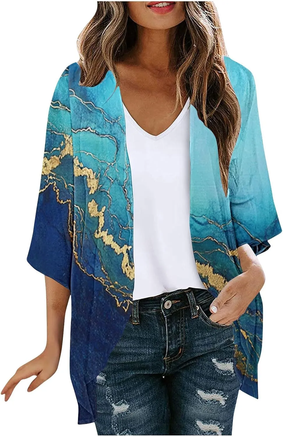 Kimono Swimsuit Coverup 2025 Womens Casual 3/4 Bat Sleeve Loose Beach Cover Up Sheer Chiffon Cardigans for Swimwear