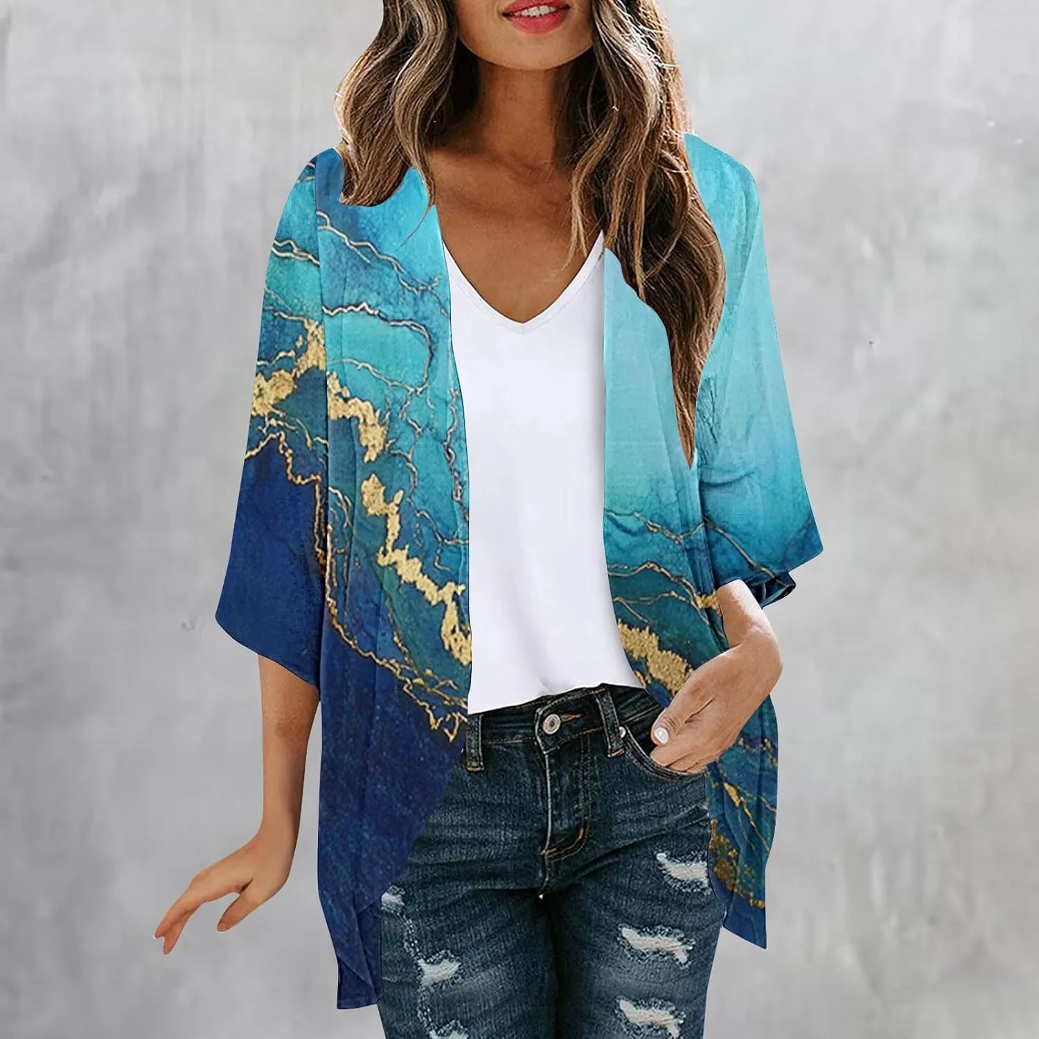 Kimono Swimsuit Coverup 2025 Womens Casual 3/4 Bat Sleeve Loose Beach Cover Up Sheer Chiffon Cardigans for Swimwear
