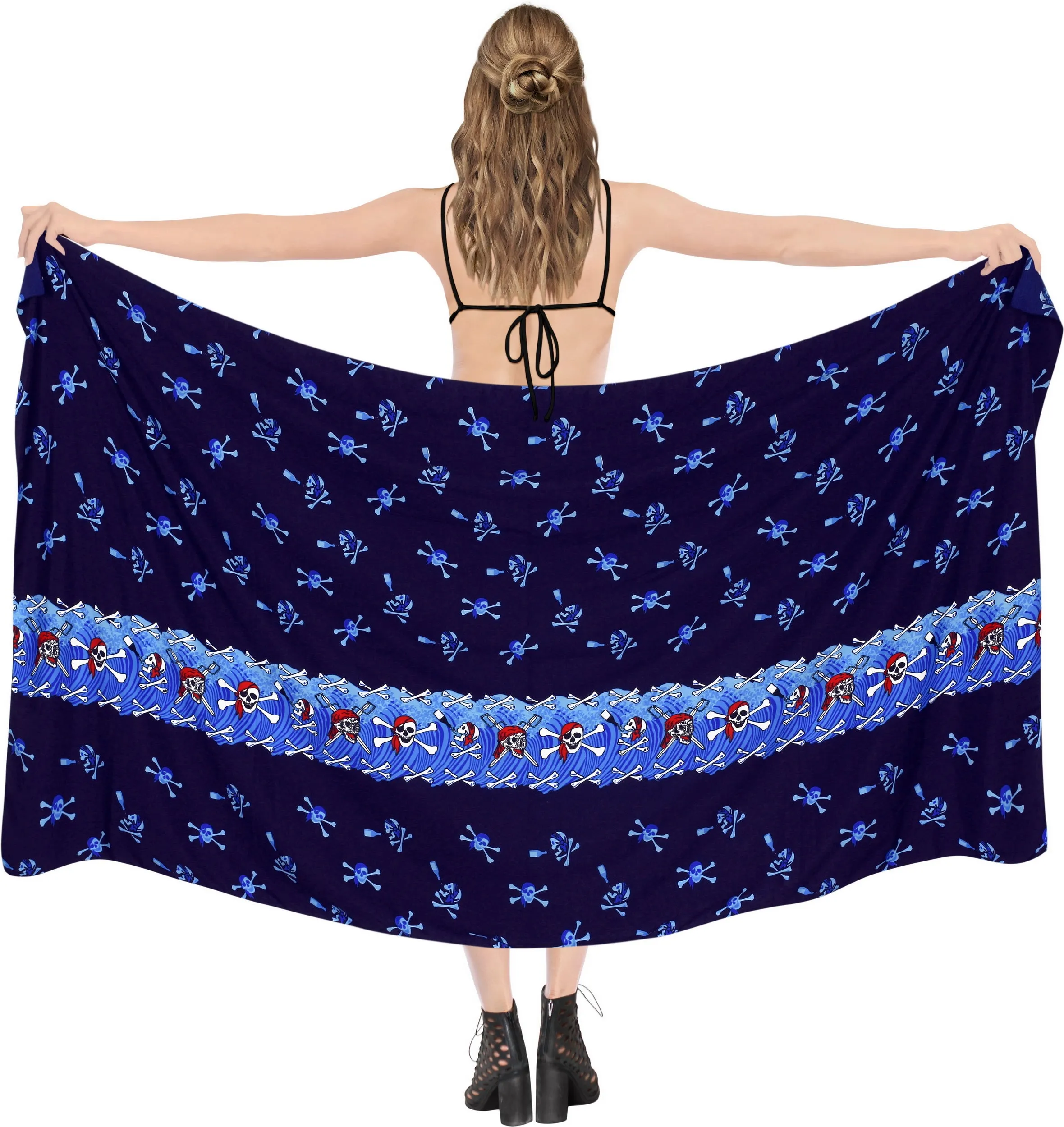 La Leela Soft Light Long Swim Women's Skull Halloween Costume Swimsuit Pareo Cover Ups Beach Sarong Blue_Q75
