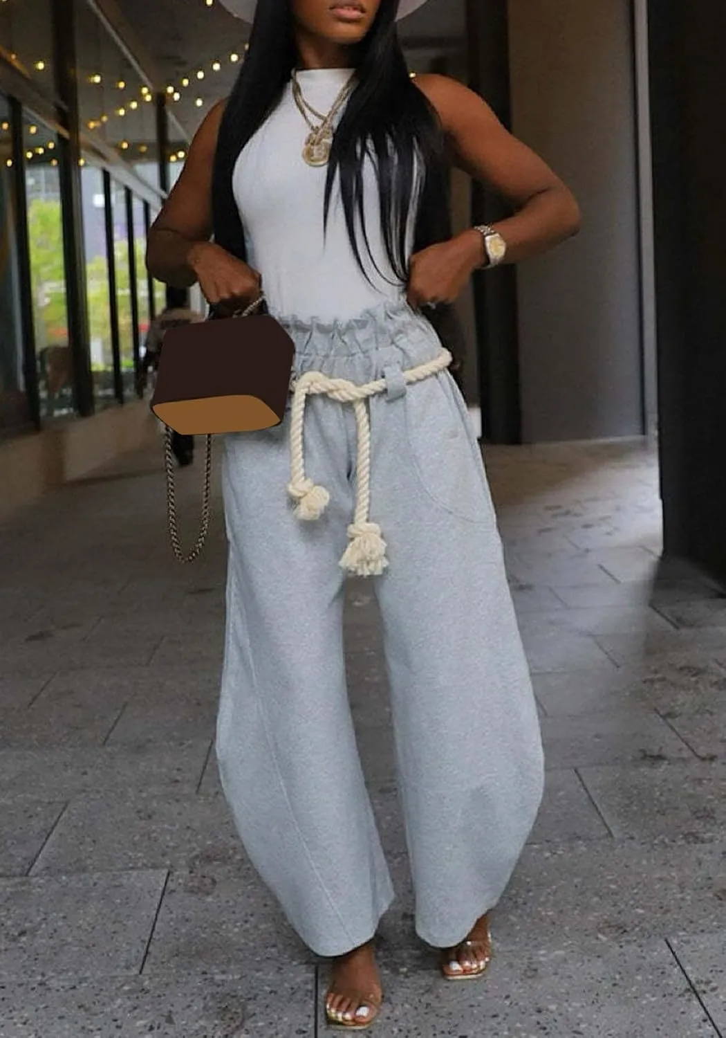 LAJIOJIO Baggy Wide Leg Sweatpants for Women Casual High Waisted Elastic Waist Drawstring Sweat Pants Trousers Trendy