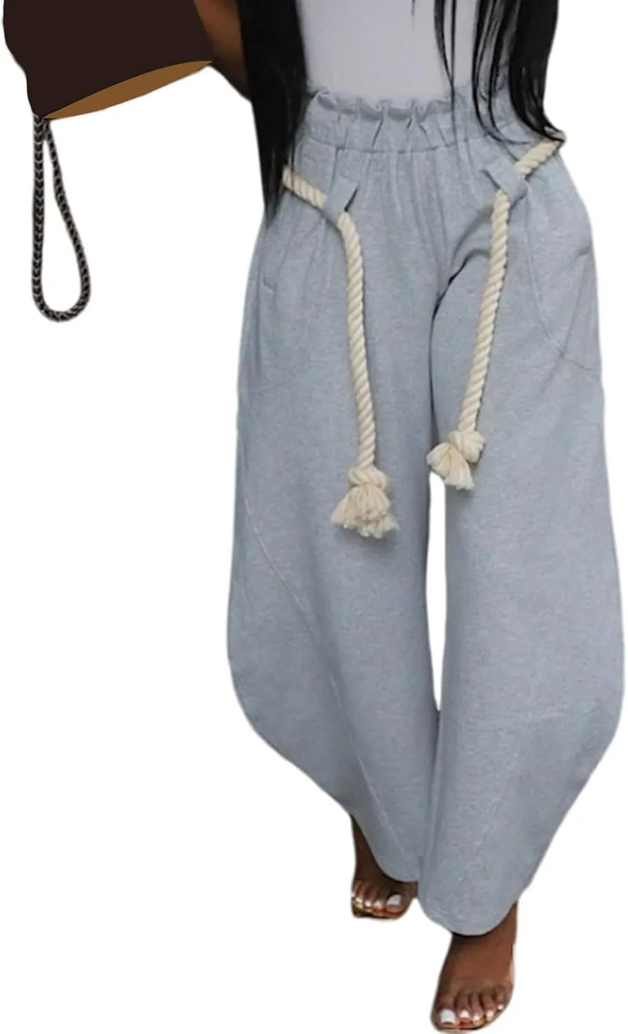 LAJIOJIO Baggy Wide Leg Sweatpants for Women Casual High Waisted Elastic Waist Drawstring Sweat Pants Trousers Trendy