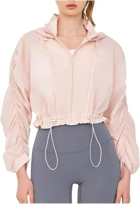 Lightweight Sun Jacket Women Girls UV Protect Full Zip Shirt Ruched Long Sleeve Hoodie Breathable Cool Cropped Jackets