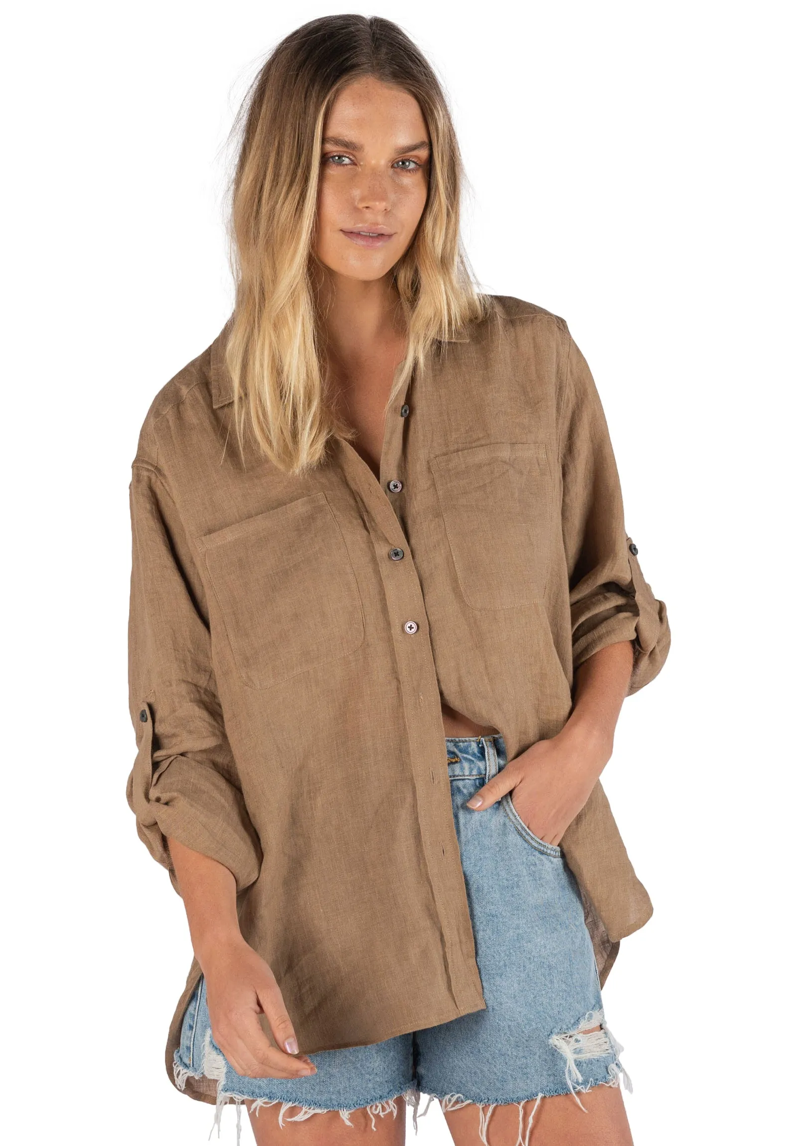 Luna Hazelnut Oversized Linen Shirt with Pockets