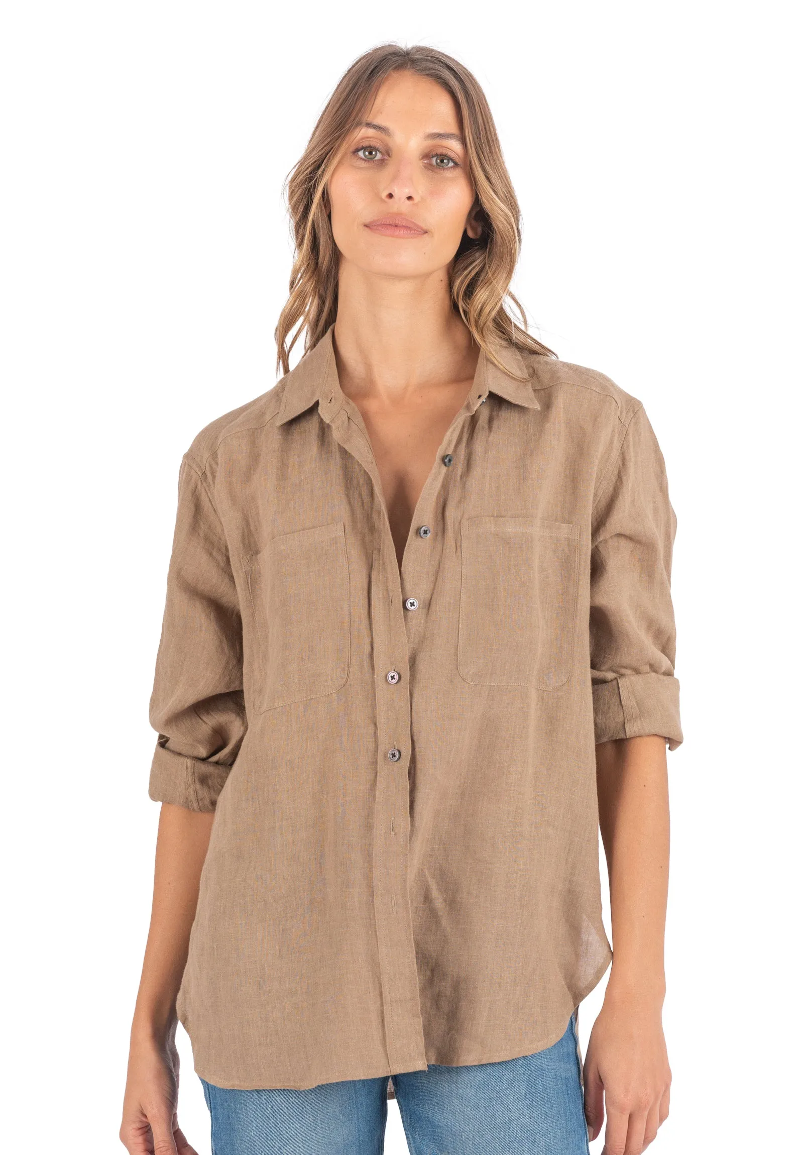 Luna Hazelnut Oversized Linen Shirt with Pockets