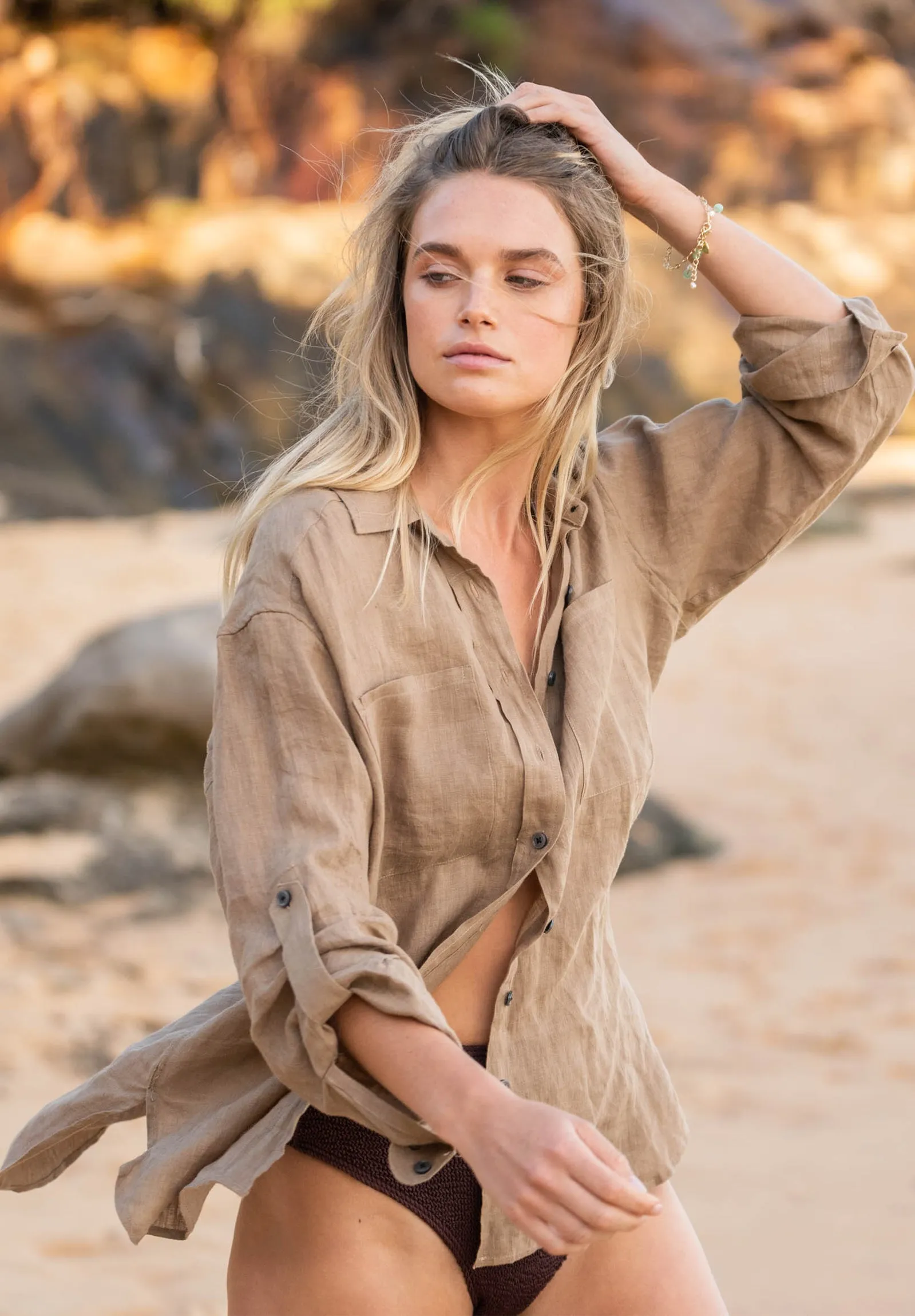 Luna Hazelnut Oversized Linen Shirt with Pockets