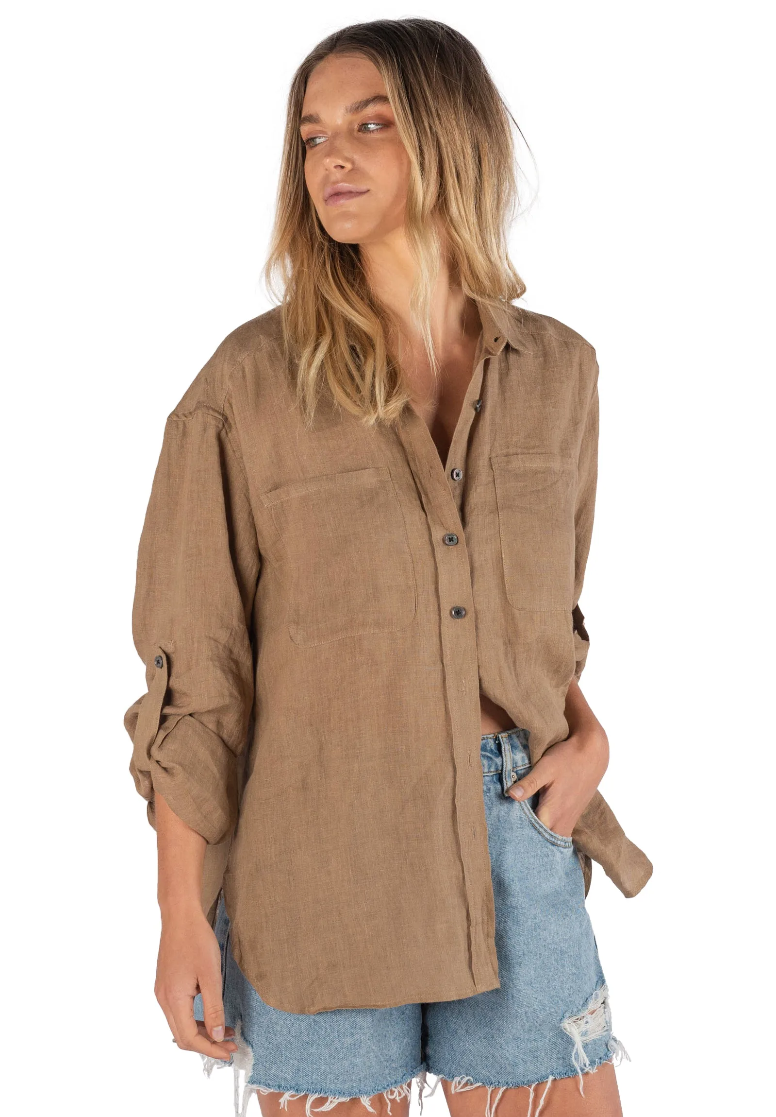 Luna Hazelnut Oversized Linen Shirt with Pockets