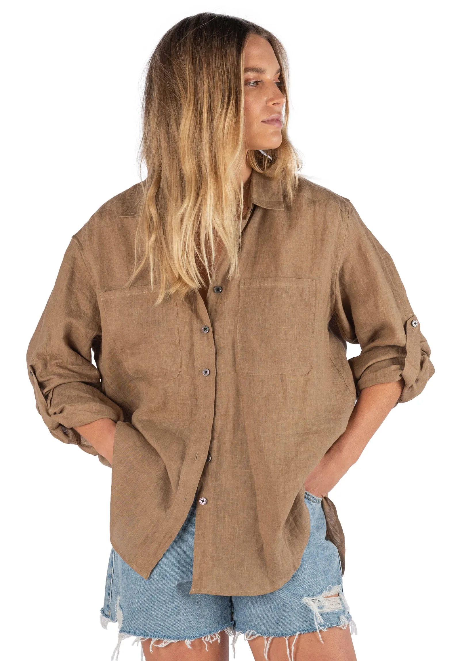 Luna Hazelnut Oversized Linen Shirt with Pockets