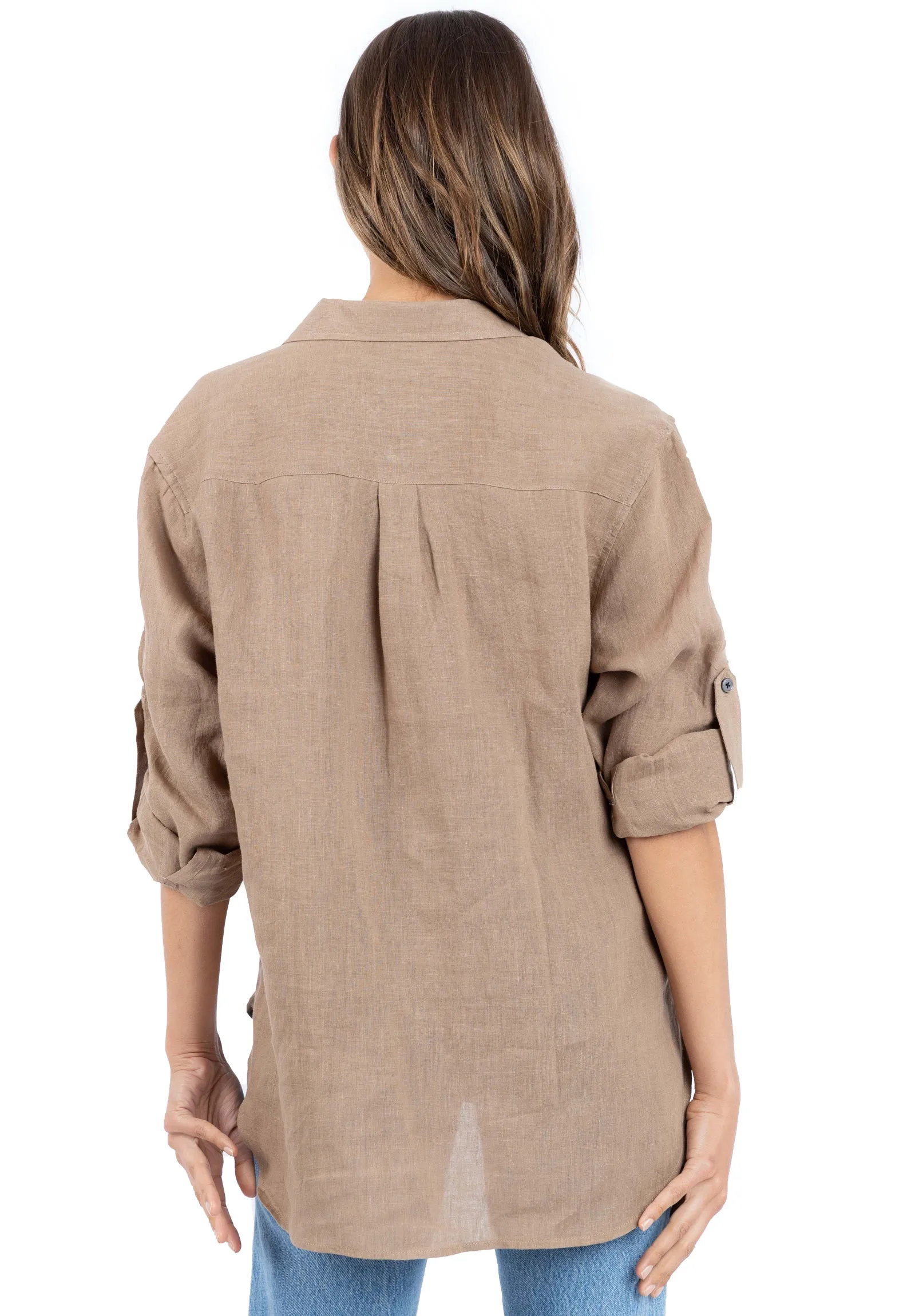 Luna Hazelnut Oversized Linen Shirt with Pockets