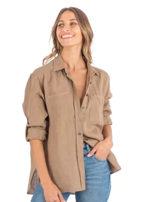 Luna Hazelnut Oversized Linen Shirt with Pockets