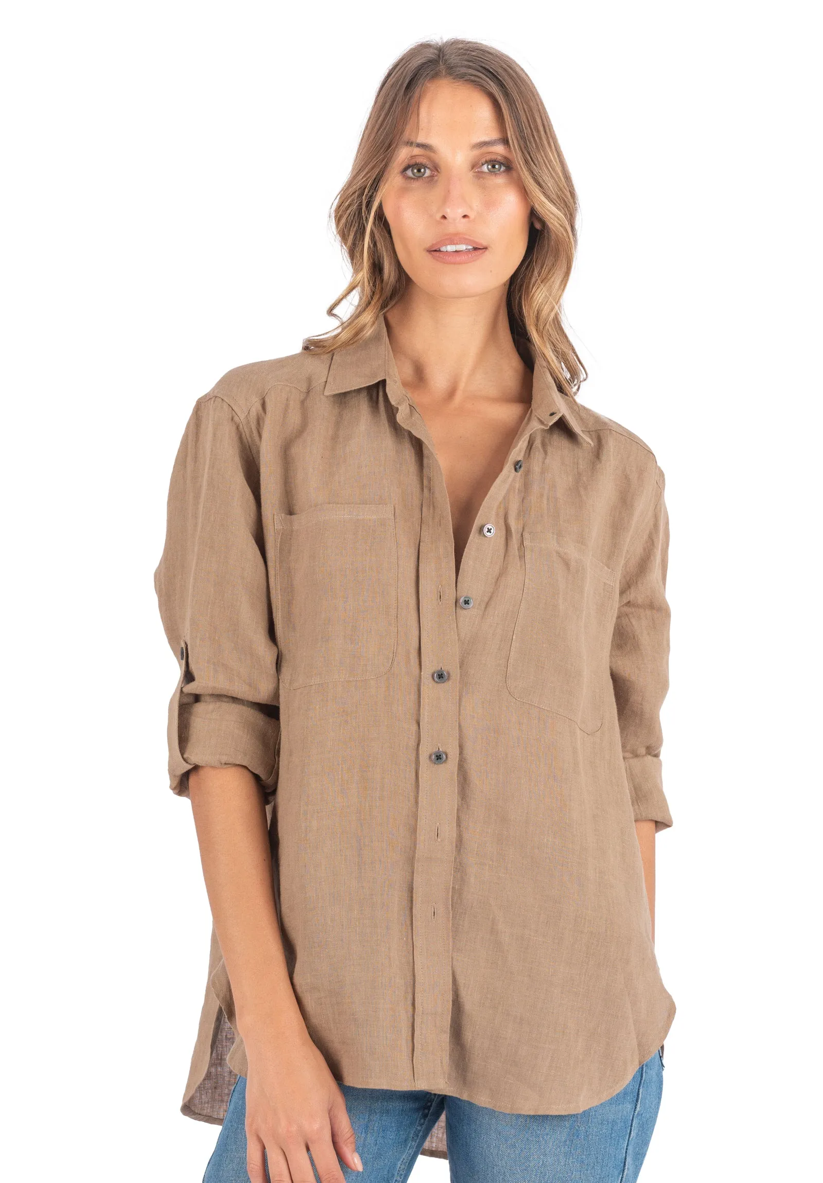 Luna Hazelnut Oversized Linen Shirt with Pockets