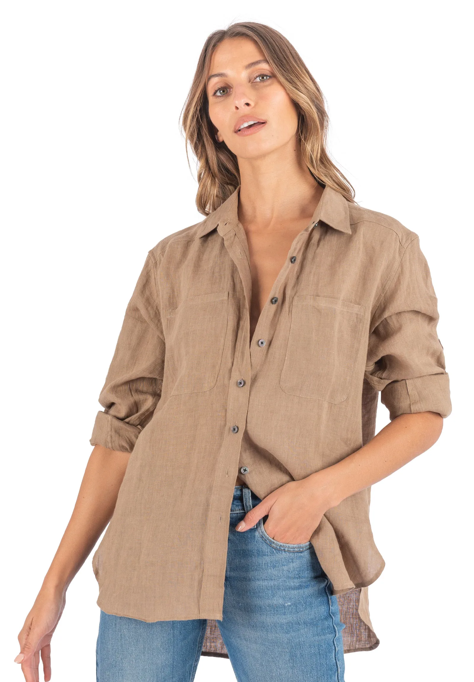 Luna Hazelnut Oversized Linen Shirt with Pockets