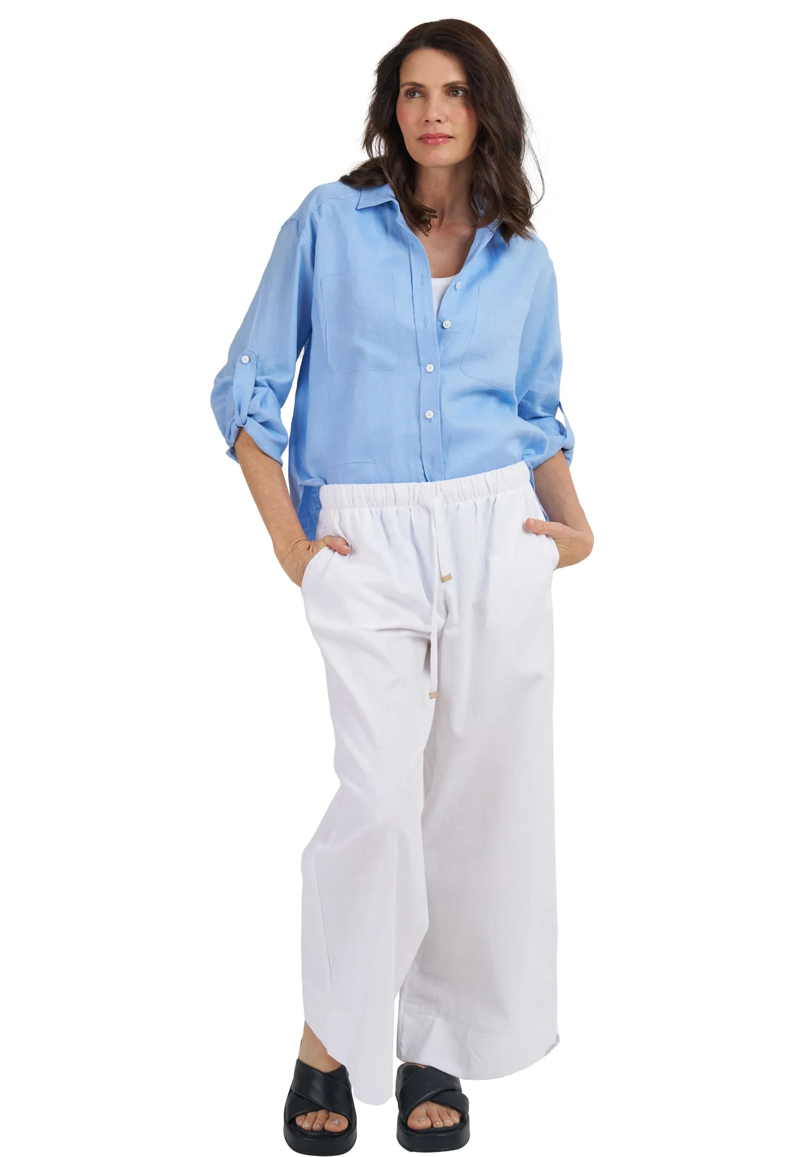 Luna Ocean Blue Oversized Linen Shirt with Pockets