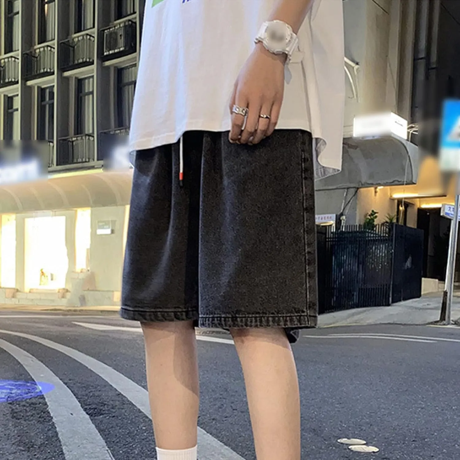 Maiyifu-GJ Men's Drawstring Loose Fit Jean Shorts Casual Elastic Waist Denim Shorts Straight Leg Relaxed Shorts