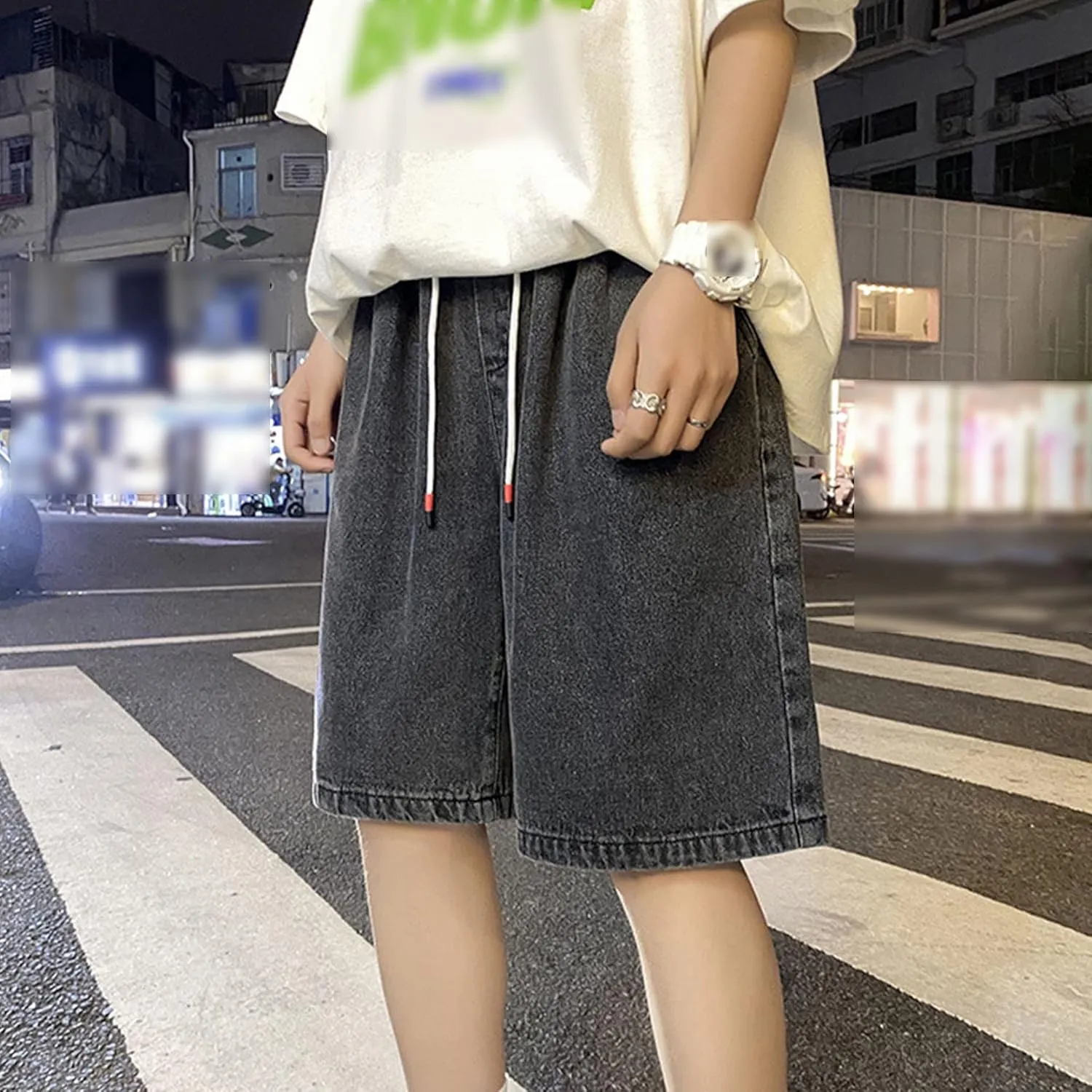 Maiyifu-GJ Men's Drawstring Loose Fit Jean Shorts Casual Elastic Waist Denim Shorts Straight Leg Relaxed Shorts