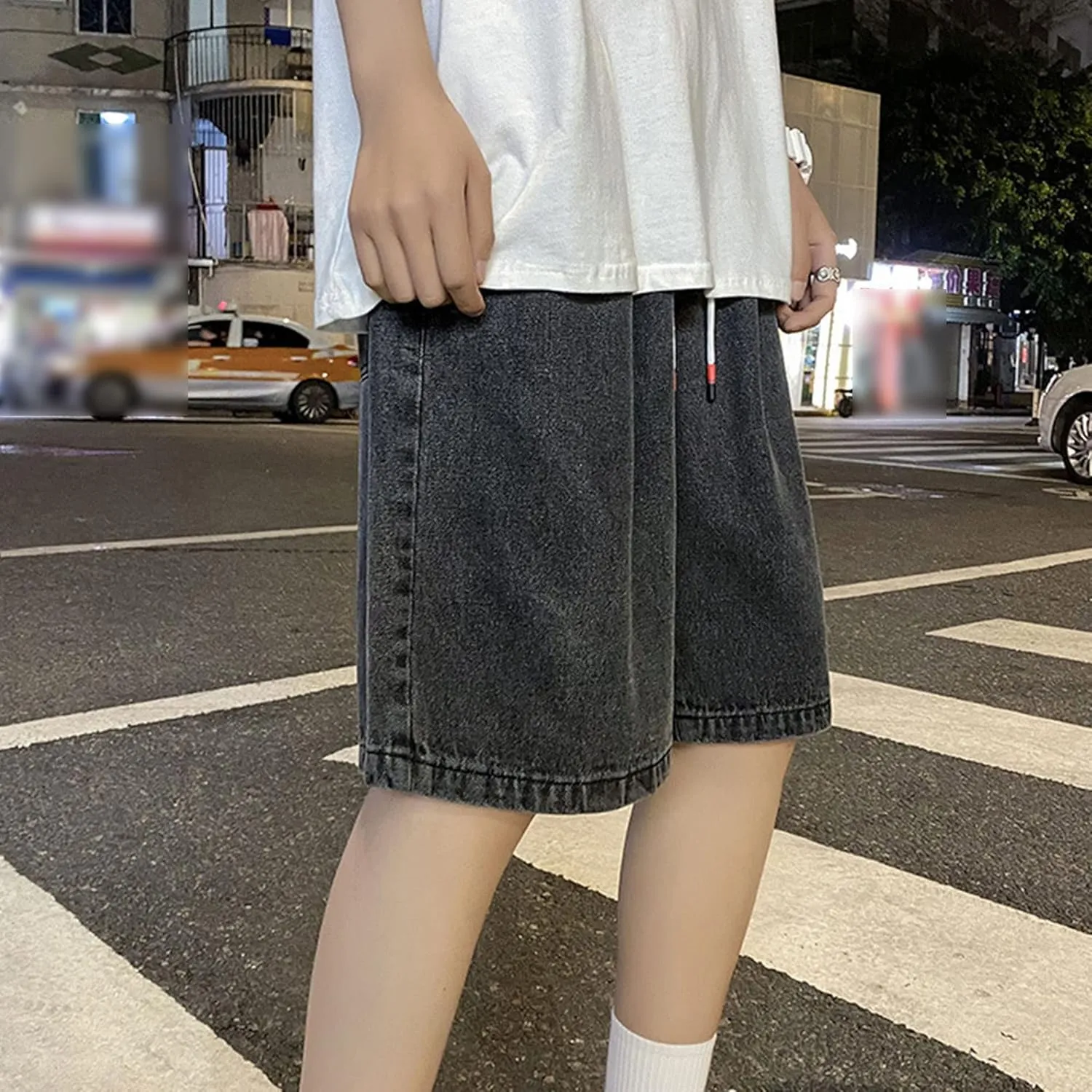 Maiyifu-GJ Men's Drawstring Loose Fit Jean Shorts Casual Elastic Waist Denim Shorts Straight Leg Relaxed Shorts