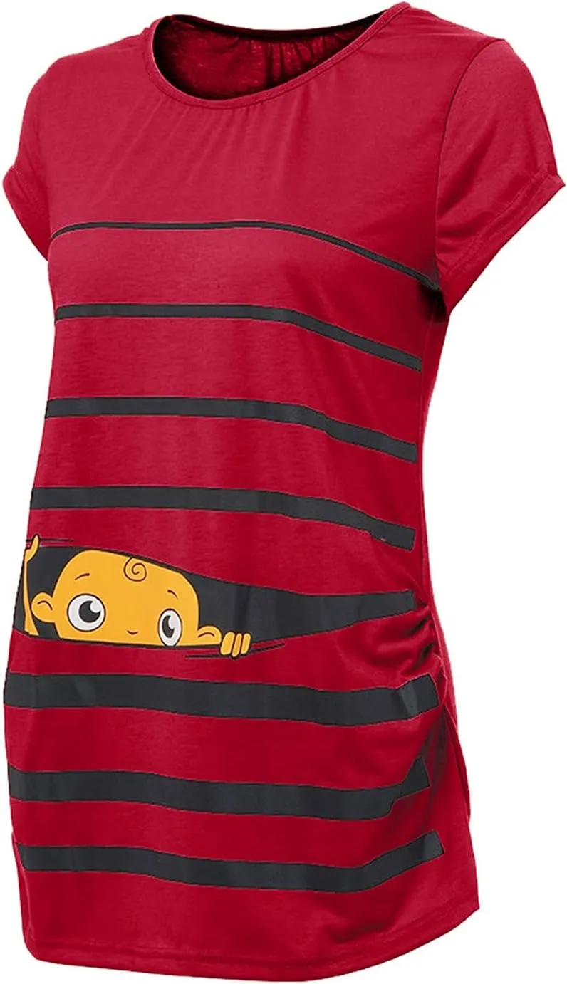 Maternity Cute Funny Baby Print Striped Short Sleeve T-Shirt Pregnant Tops,Cute Funny Maternity Tshirts