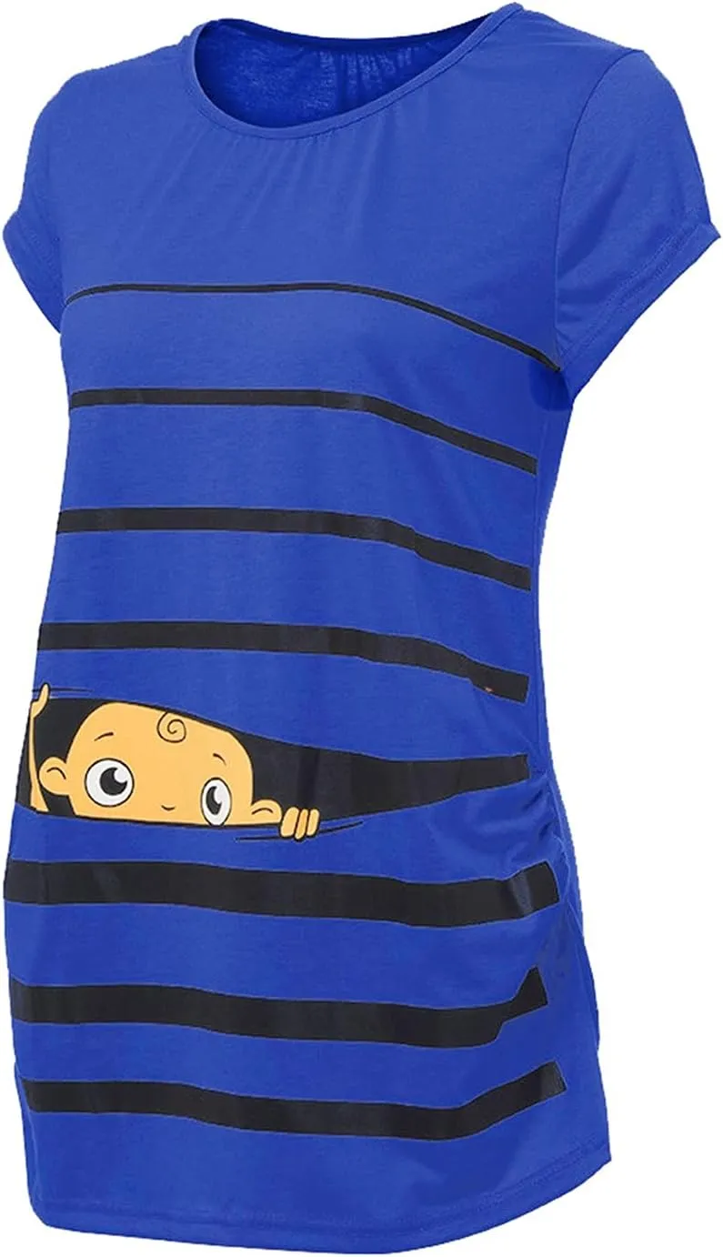 Maternity Cute Funny Baby Print Striped Short Sleeve T-Shirt Pregnant Tops,Cute Funny Maternity Tshirts