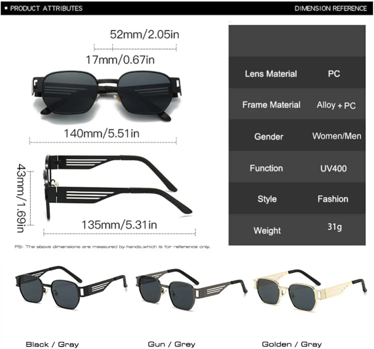 Men Punk Metal Sunglasses Retro Shades Uv400 Women Hollow Wide Legs Sun Glasses