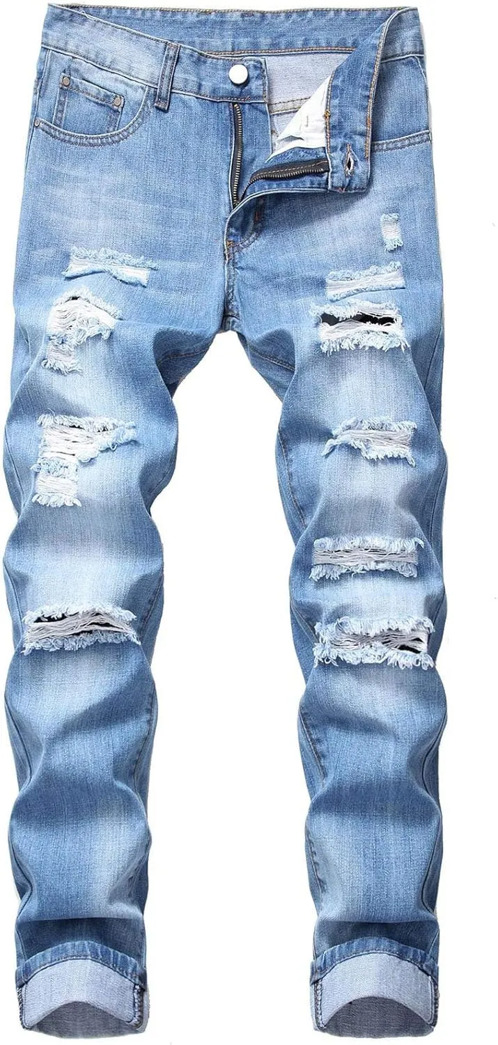 Men Ripped Jeans Slim Straight Fit Denim Jeans Denim Pants with Holes (34,Light Blue)
