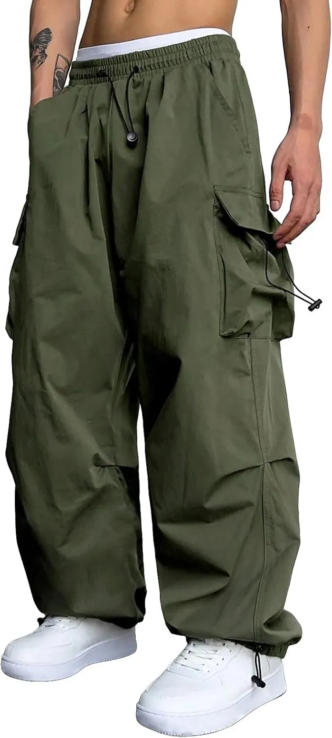 Men's Baggy Cargo Pants Trendy Casual Parachute Pant Loose Fit Harem Joggers with Pockets for Streetwear