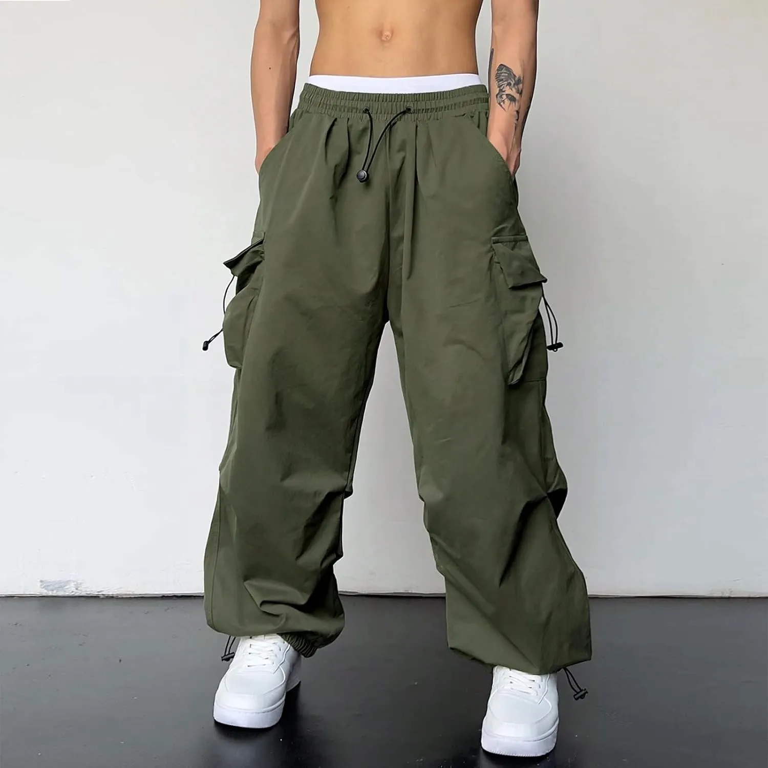 Men's Baggy Cargo Pants Trendy Casual Parachute Pant Loose Fit Harem Joggers with Pockets for Streetwear