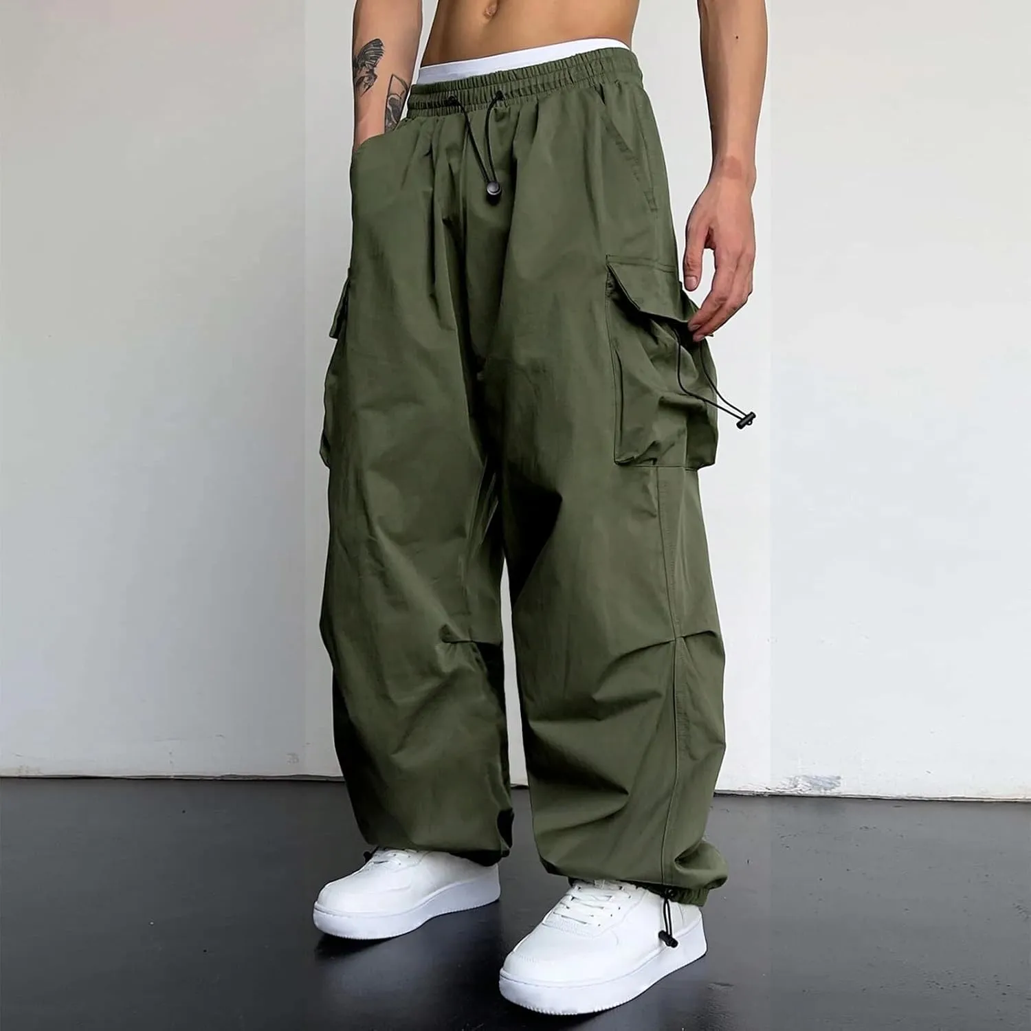 Men's Baggy Cargo Pants Trendy Casual Parachute Pant Loose Fit Harem Joggers with Pockets for Streetwear