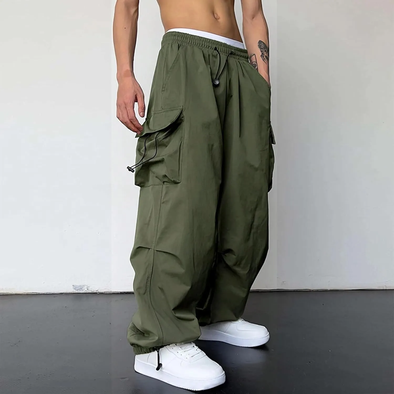 Men's Baggy Cargo Pants Trendy Casual Parachute Pant Loose Fit Harem Joggers with Pockets for Streetwear