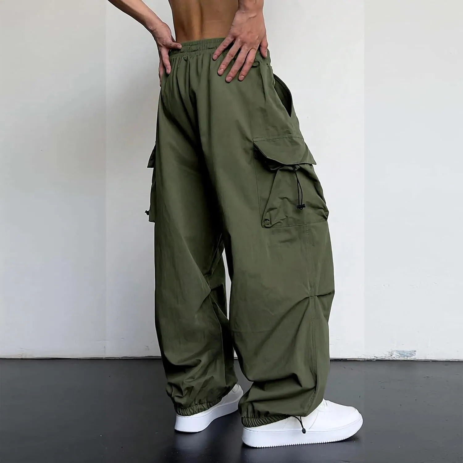 Men's Baggy Cargo Pants Trendy Casual Parachute Pant Loose Fit Harem Joggers with Pockets for Streetwear