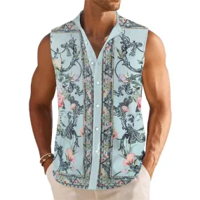 Men's Breathable Linen Lapel Beach Sleeveless Shirt 41445472YM