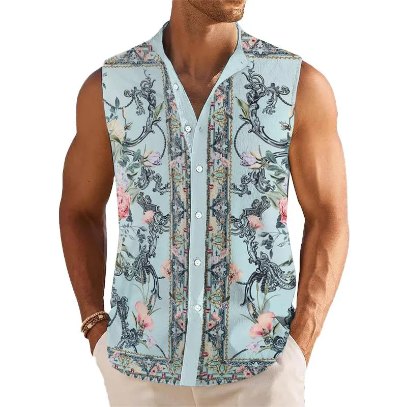 Men's Breathable Linen Lapel Beach Sleeveless Shirt 41445472YM