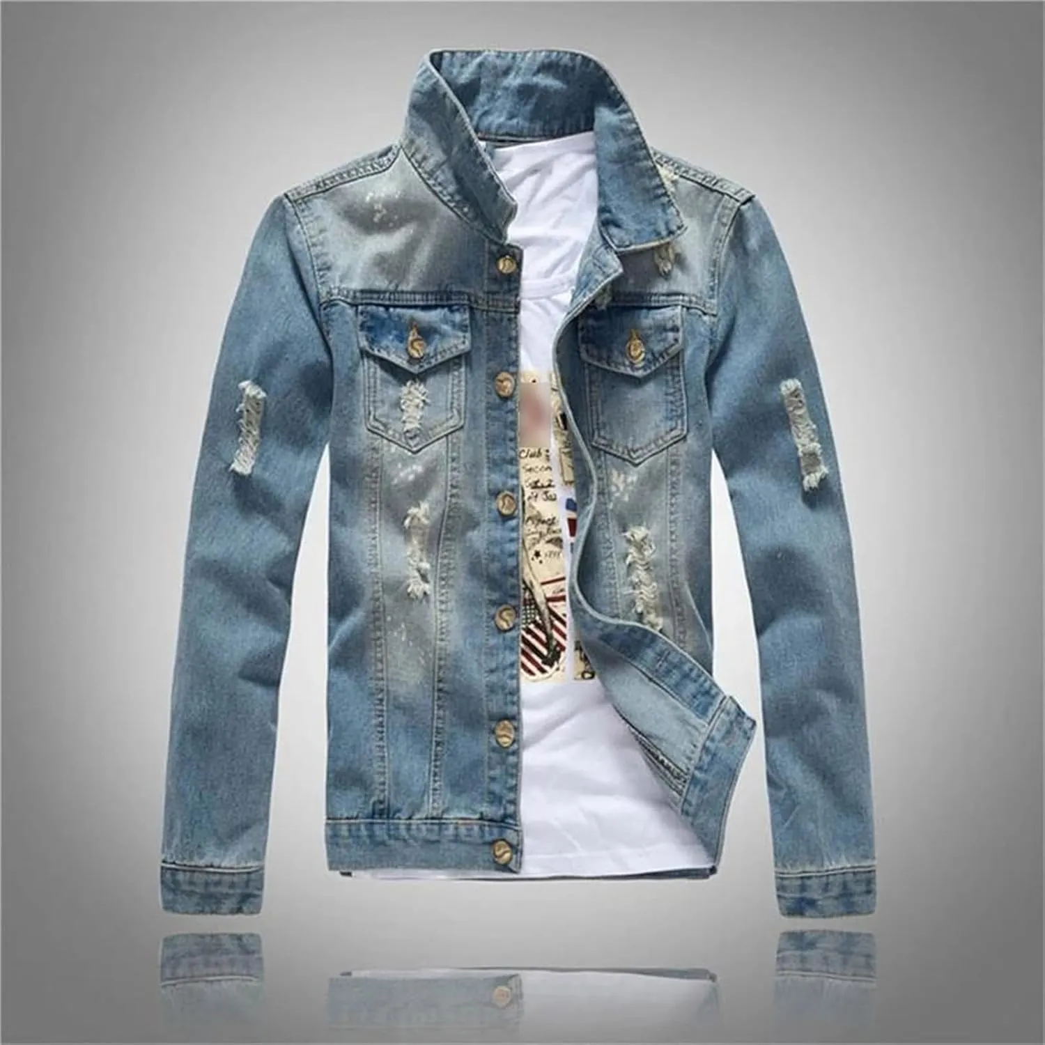 Men's Denim Jackets Single Breasted Coat Jeans Coat Slim Fit Denim Jacket Light-Colored Trucker Jacket