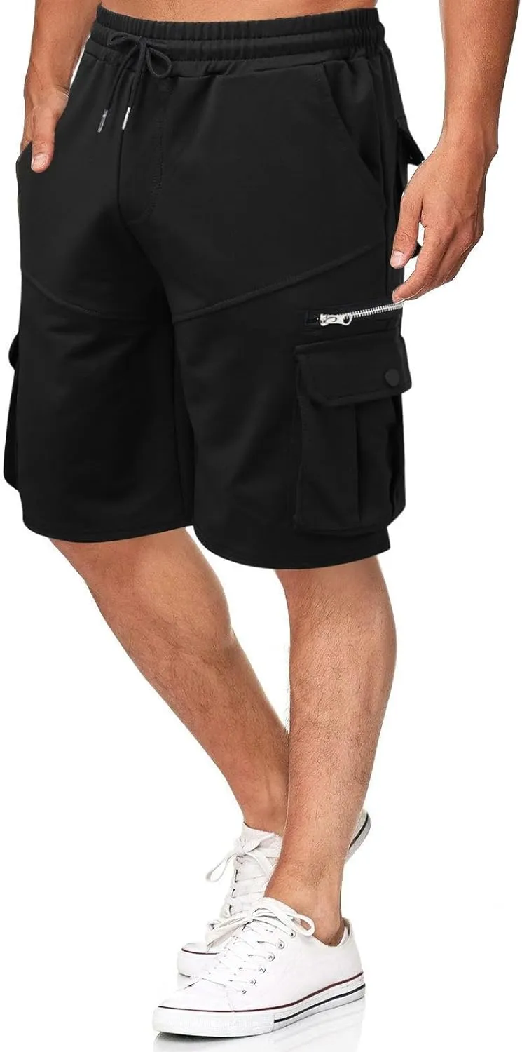 Mens Elastic Waist Cargo Shorts Solid Color Relaxed Fit Casual Shorts Lightweight Bermuda Shorts with Pockets