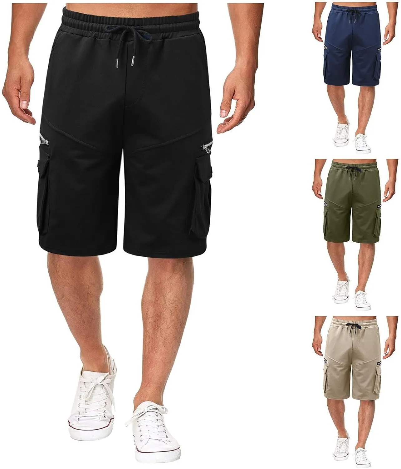 Mens Elastic Waist Cargo Shorts Solid Color Relaxed Fit Casual Shorts Lightweight Bermuda Shorts with Pockets