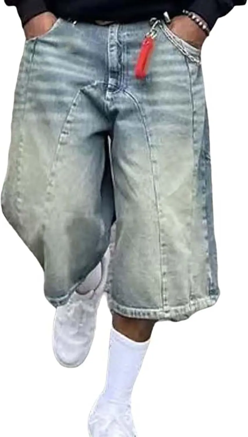 Men's Relaxed Fit Jean Shorts Casual Mid Rise Patchwork Straight Leg Denim Shorts Hip Hop Shorts Streetwear
