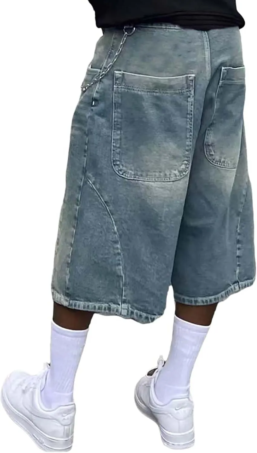 Men's Relaxed Fit Jean Shorts Casual Mid Rise Patchwork Straight Leg Denim Shorts Hip Hop Shorts Streetwear