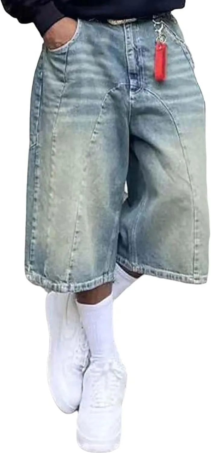 Men's Relaxed Fit Jean Shorts Casual Mid Rise Patchwork Straight Leg Denim Shorts Hip Hop Shorts Streetwear