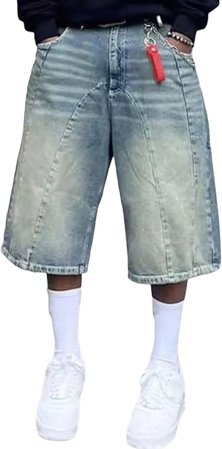 Men's Relaxed Fit Jean Shorts Casual Mid Rise Patchwork Straight Leg Denim Shorts Hip Hop Shorts Streetwear