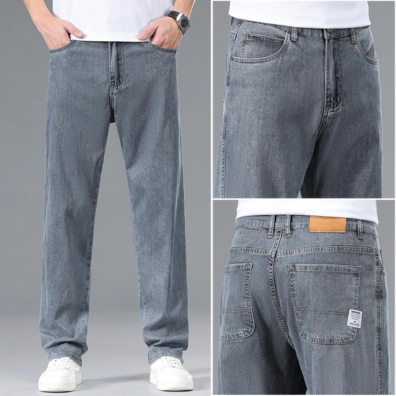 Men's Relaxed Fit Straight Leg Jeans, Light Blue Wash Denim, Summer Lightweight Loose fit,Classic 5-Pocket Style
