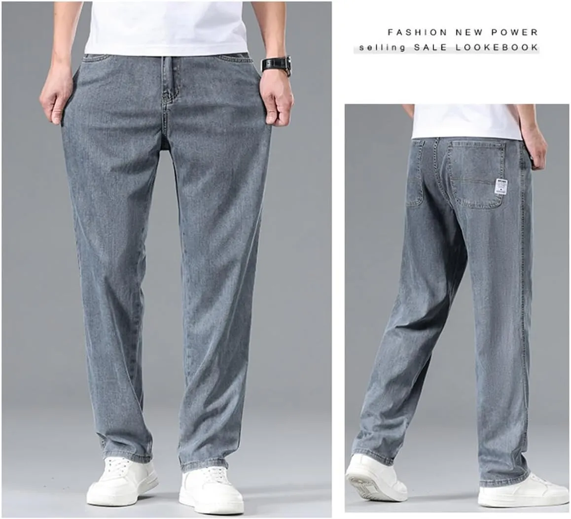 Men's Relaxed Fit Straight Leg Jeans, Light Blue Wash Denim, Summer Lightweight Loose fit,Classic 5-Pocket Style