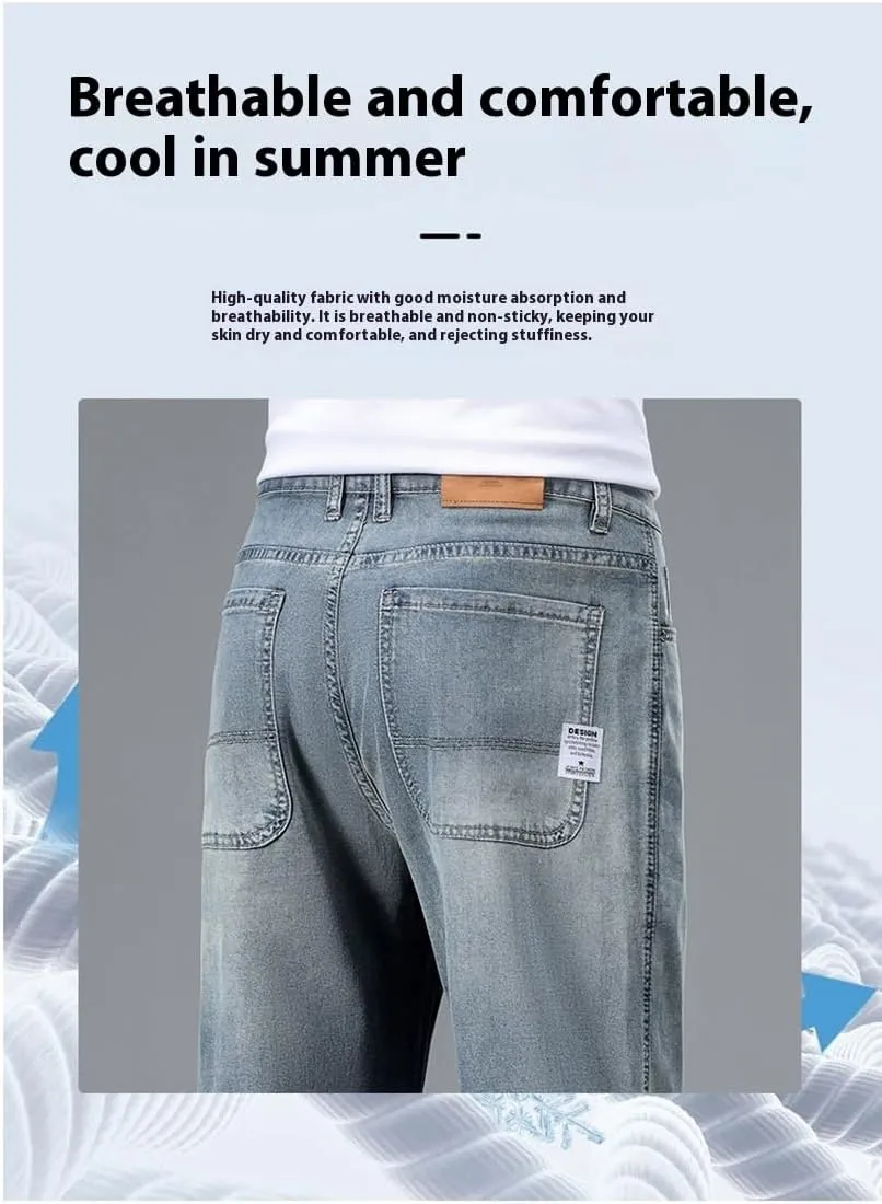 Men's Relaxed Fit Straight Leg Jeans, Light Blue Wash Denim, Summer Lightweight Loose fit,Classic 5-Pocket Style
