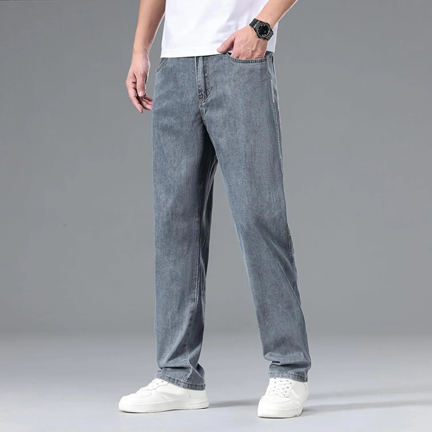 Men's Relaxed Fit Straight Leg Jeans, Light Blue Wash Denim, Summer Lightweight Loose fit,Classic 5-Pocket Style