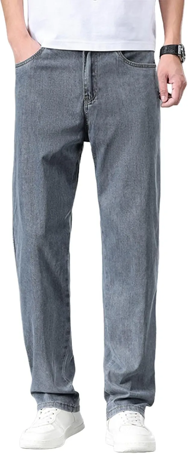 Men's Relaxed Fit Straight Leg Jeans, Light Blue Wash Denim, Summer Lightweight Loose fit,Classic 5-Pocket Style
