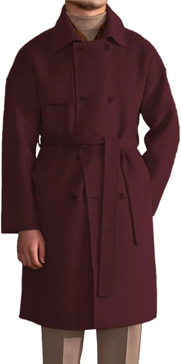 Mens Trench Overcoat Wool Blend Long Pea Coat Double Breasted Fall Winter Trendy Topcoat with Belt