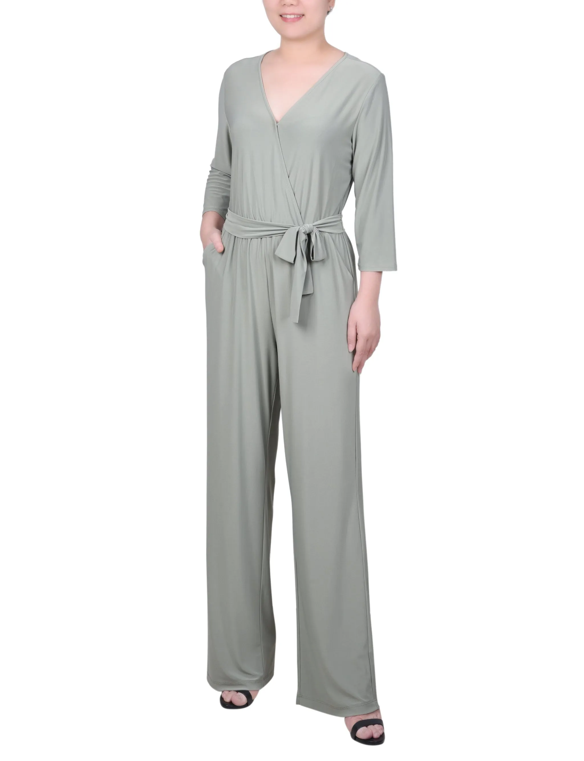 Petite 3/4 Sleeve Belted Jumpsuit