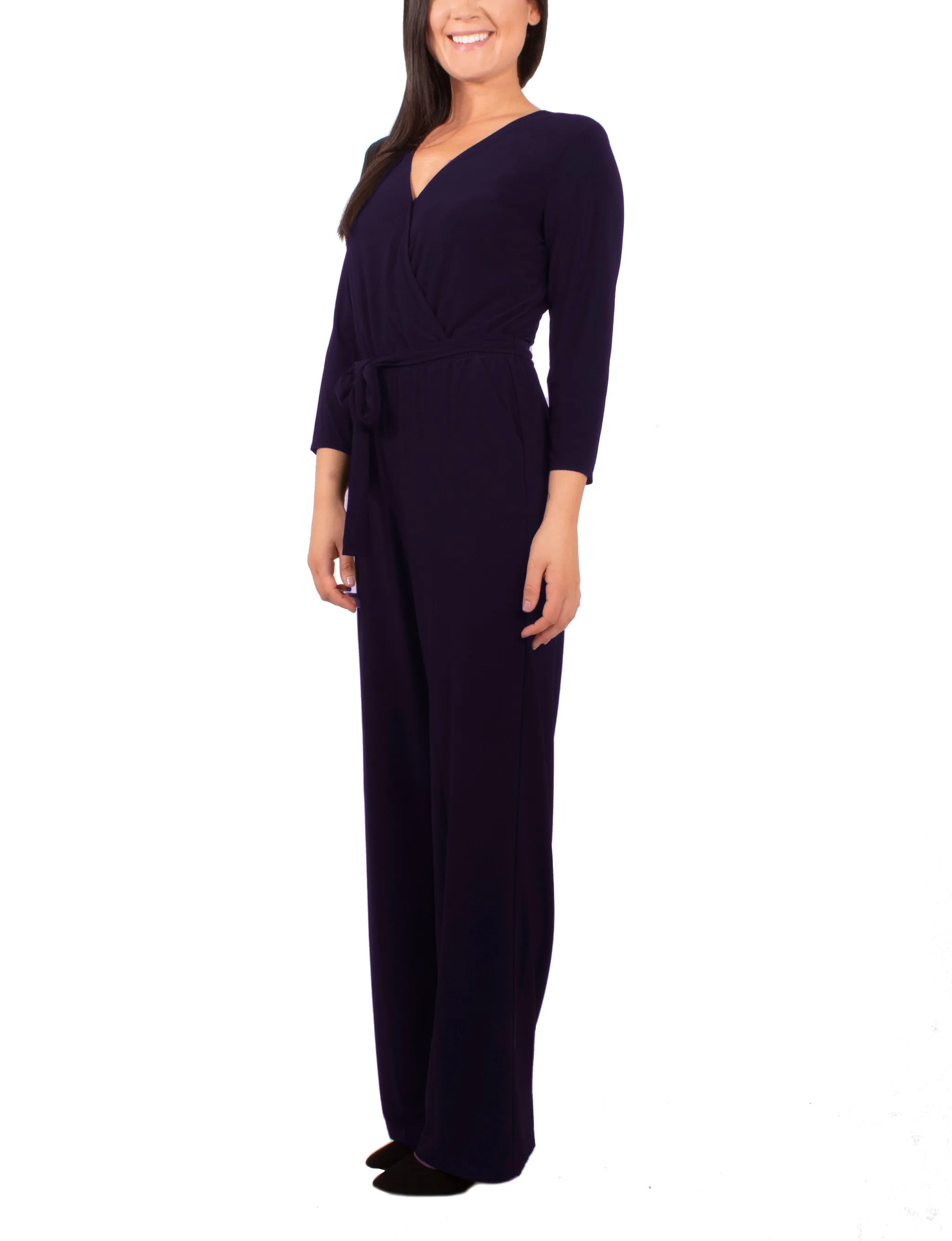 Petite 3/4 Sleeve Belted Jumpsuit