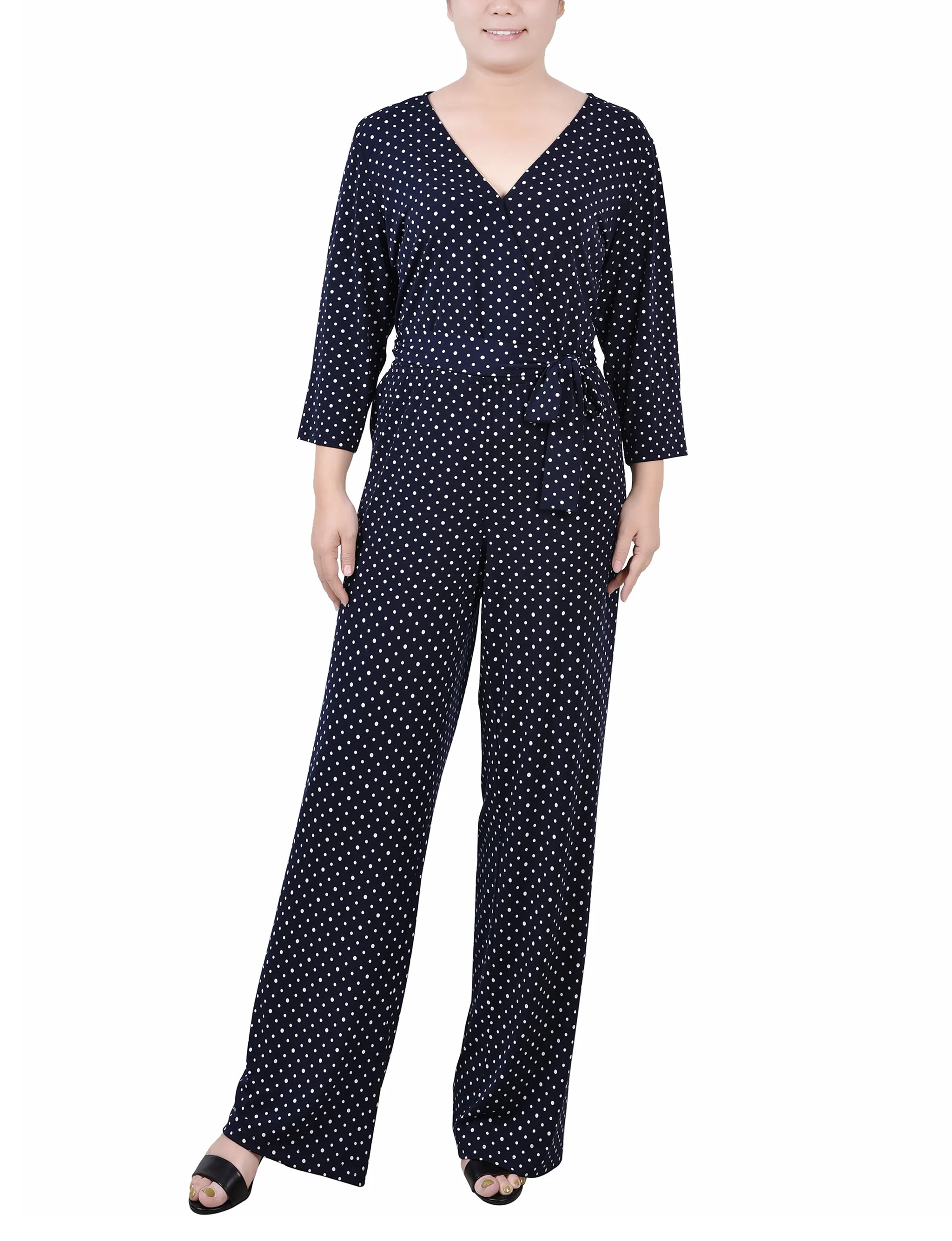 Petite 3/4 Sleeve Belted Jumpsuit
